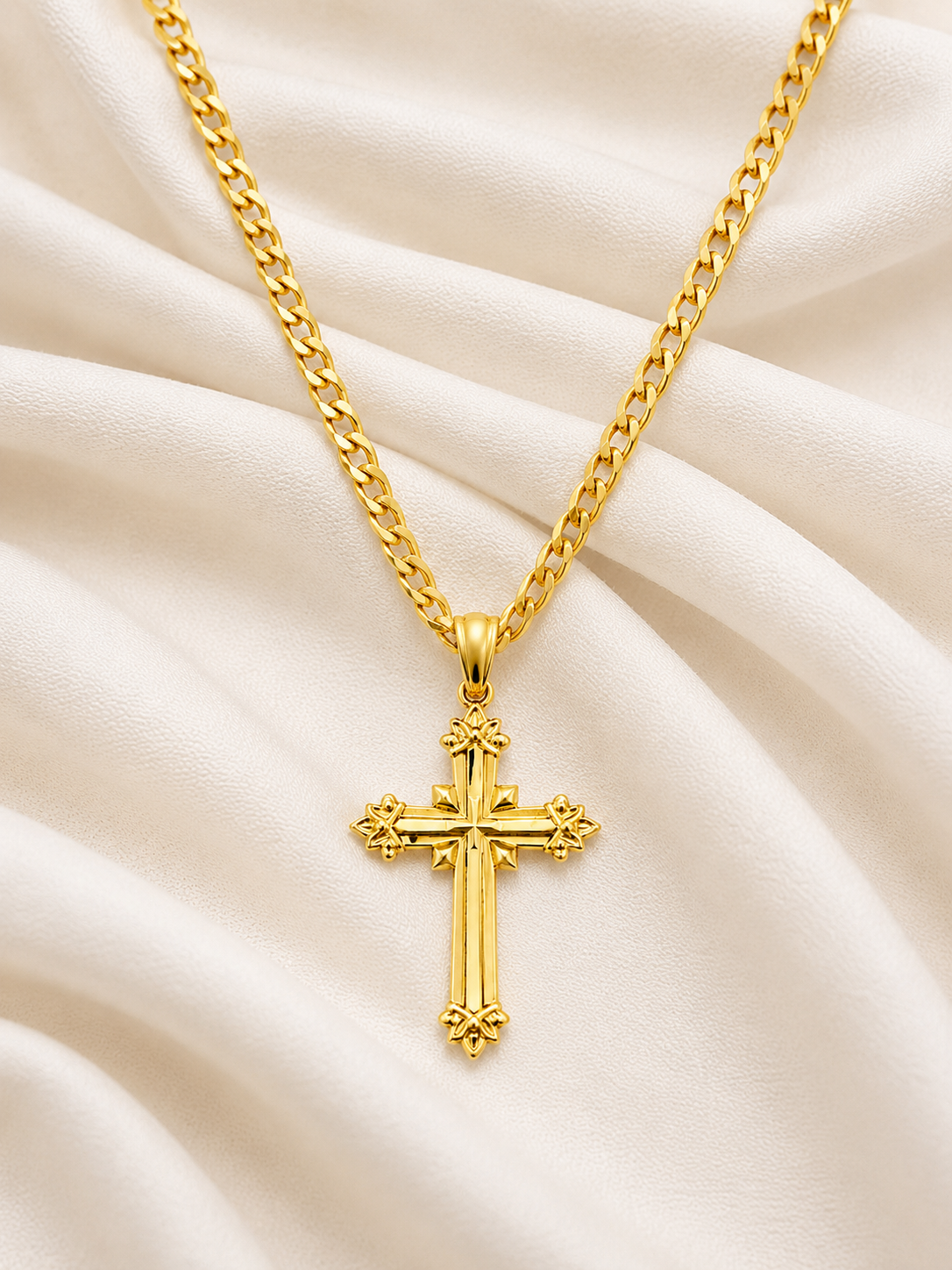 10k Gold 22” 2mm Curb Link Chain with Cross Pendant